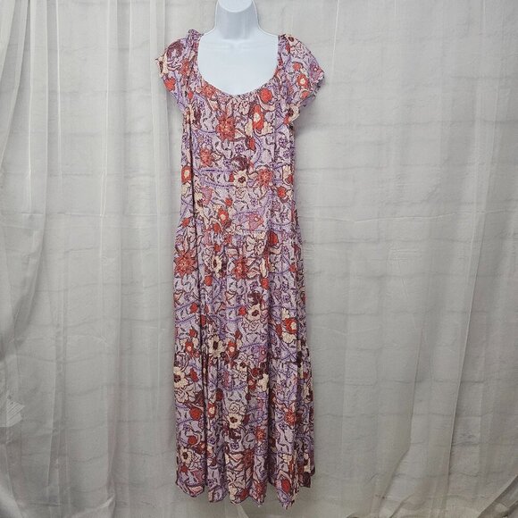 Knox Rose Purple Orange Floral Peasant Maxi Dress Boho Festival Tiered L - Picture 1 of 12